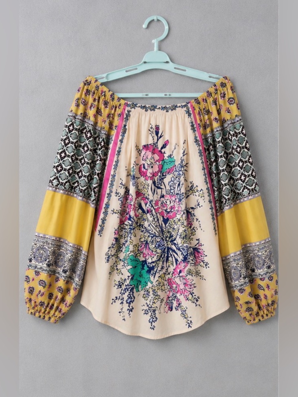 Free People Positano Printed Blouse Sz XS Peach Floral Off Shoulder Boho Y2K - Picture 9 of 15